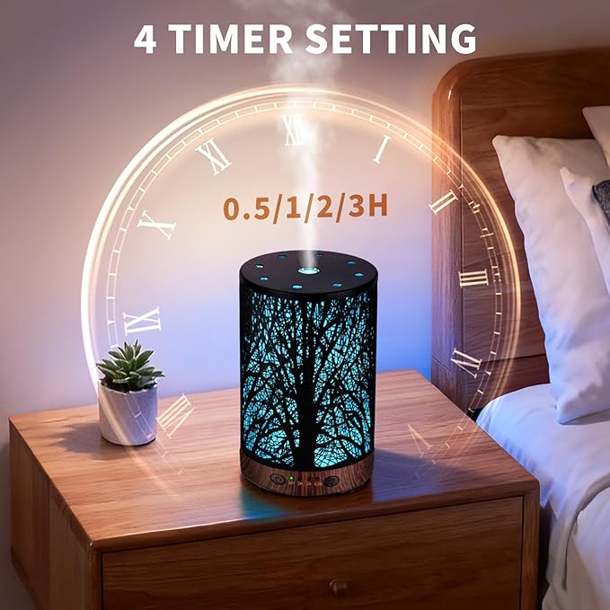 Essential Oil Diffuser 120ML Metal Aromatherapy Diffuser with Timer, Cool Mist Humidifier with Auto Shut-Off & 7 Color Lights for Home Office Spa (Tree) - Bloomnest