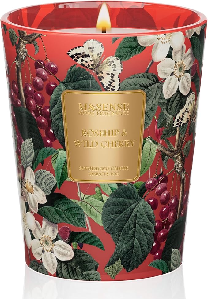M&SENSE Wild Cherry Scented Candle, Natural Soy Wax Candles 14.1oz 60H Slow Burning Non Toxic, Fall Winter Stress Relief Romantic Thanksgiving Christmas Gifts for Women Home Decor - Bloomnest