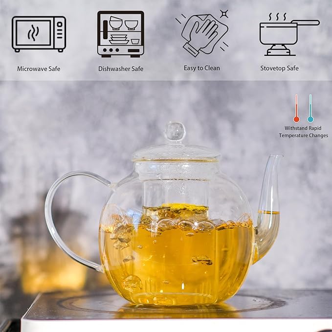 Glass Teapot Set with 4 Teacups, 1500 ml/50 oz Tea Pot with Infusers for Loose Tea and Flower Tea, Stovetop and Microwave Safe Borosilicate Glass Tea Kettle, Tea Gift Sets for Tea Lovers - Bloomnest