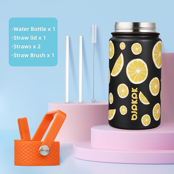 BJPKPK Insulated Water Bottle with Straw Lid, 15 oz Stainless Steel Metal Water Bottles, Reusable Leak Proof BPA Free Thermo, Flask, Cups - Lemon - Bloomnest