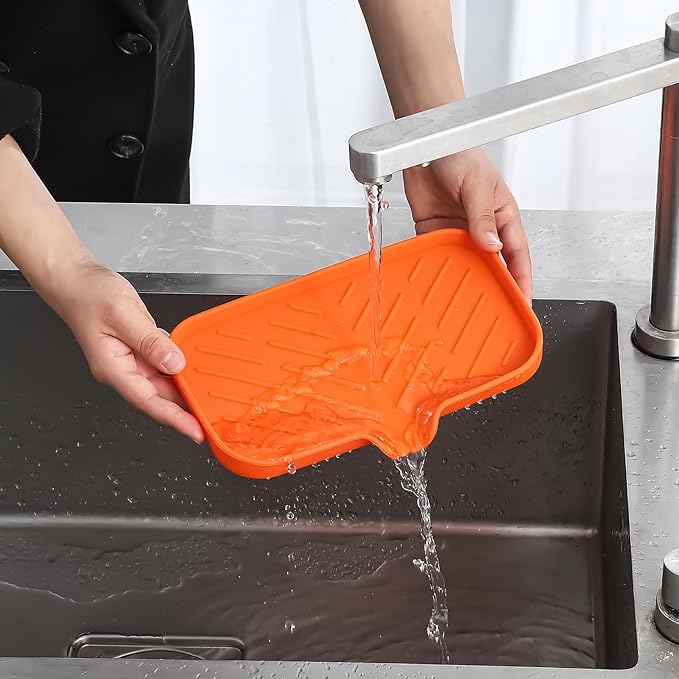 Silicone Bathroom Soap Dishes with Drain Spout-Bathroom and Kitchen Sink Organizer,Sponge Holder,Dish Soap Tray,Perfect for Dispenser,Scrubber,Bottle,Cup on Sink or Counter-Orange 9.6"×5.3" - Bloomnest
