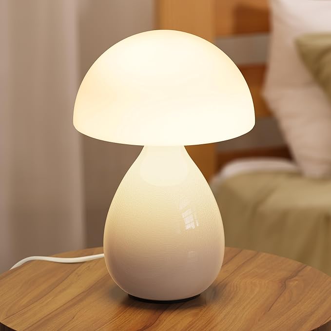 Mushroom Lamp Small Vintage Table Light, Mini Modern Lamp Bedside Nightstand LED, Small Light Dimmable for Bedroom, Living Room, Ceramic Base Glass Led Home Decor for Woman Gifts - Bloomnest