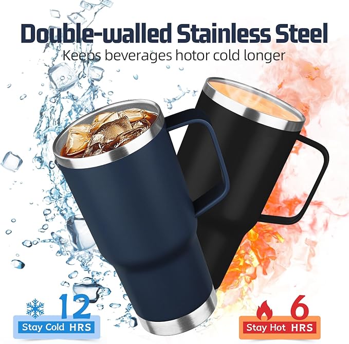 20 oz Tumbler with Handle Stainless Steel Insulated Coffee Mug Tumbler with Lid and Straw Double Wall Vacuum Insulated Coffee Mug Leak Proof Travel Mug Tumbler for Hot and Cold Drink (Navy Blue,4pack)