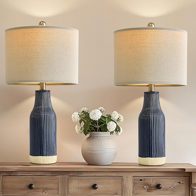 23.75" Modern Blue Ceramic Table Lamp Set of 2 for Living Room, Farmhouse Bedside Nightstand Lamp for Bedroom Home Office Dorm - Bloomnest