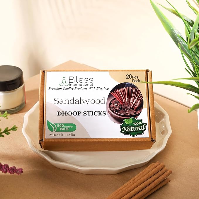 Bless-International Sandalwood-100%-Natural-Incense-Bambooless-Dhoop-Sticks Handmade-Organic-Chemicals-Free for-Purification-Relaxation-Positivity-Yoga-Meditation The-Best-scents-4.5-Inches-20-Sticks BlessInternational