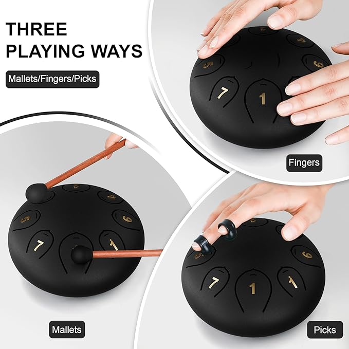 Steel Tongue Drum 6 Inch 8 Notes, Rain Drums for Outside C major, Hang Instrument, Handpan for Kids, Ethereal Hand Pan for Meditation Yoga Musical Education, Black - Bloomnest
