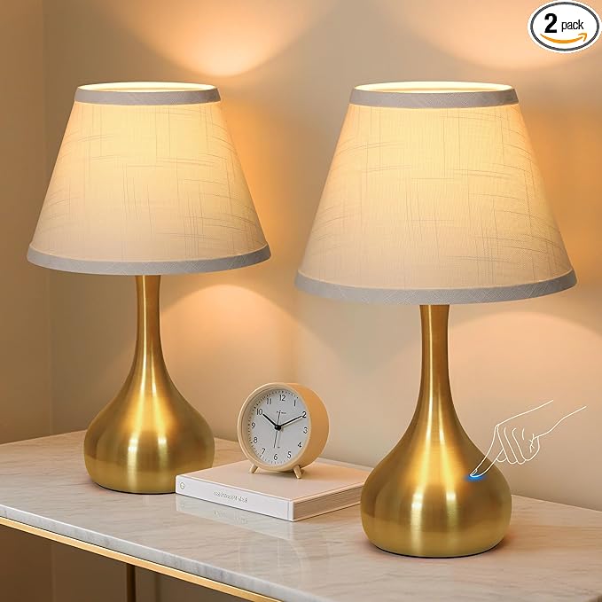 Touch Table Lamp for Bedroom Set of 2, 3-Way Dimmable Bedside Lamp for Nightstand, 17” Modern Metal Desk Lamp with Linen Shade for Living Room, Kids Reading, Dorm, Home Office Decor, Bulb Included - Bloomnest