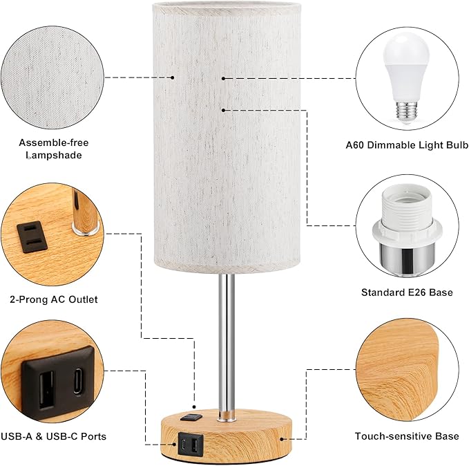 Fenmzee Touch Table Lamp - Cream, 3-Way Dimmable, USB A + C Charging, AC Outlet, 17.4inch Medium, Wood Grain Base - Bloomnest