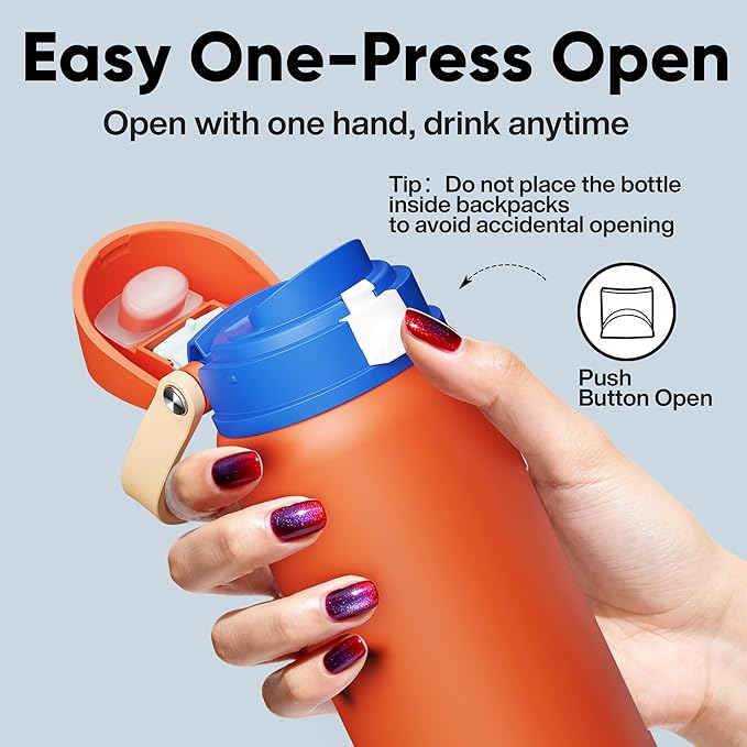 Insulated Water Bottle with Straw - Encool Stainless Steel Water Bottle with Push Button Lid, Leak-Proof & BPA-Free, Keeps Cold for 24 Hours for Sports, Travel, Gym (32 oz, Salmon) ENCOOL