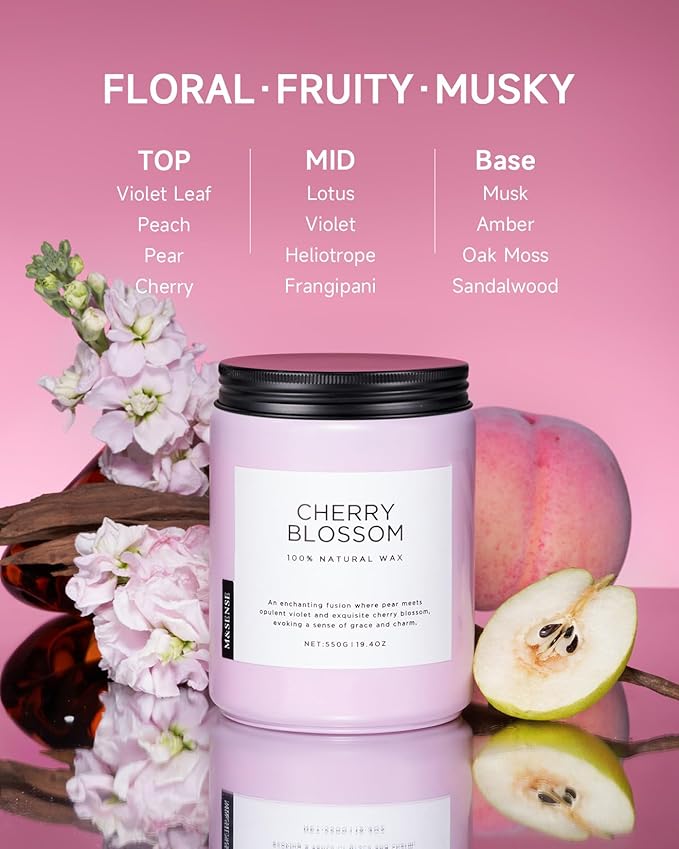 M&SENSE Cherry Blossom Scented Spring Candle, 19.4oz 110 Hours Long Lasting Natural Soy Wax Stress Relief Aromatherapy Romantic Candle for Women & Bedroom Decor - Bloomnest