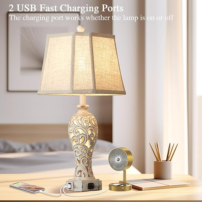 Set of 2 Rustic Table Lamps for Living Room Bedroom, Farmhouse Vintage Nightstand Lamp with 2 USB Ports, Hollow Out Resin Lamp for End Table with Nightlight, Bulbs Included (Wash White) - Bloomnest