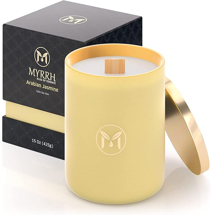 MyrrhUSA Arabian Jasmine Scented Candle – 15oz Natural Soy Wax with Crackling Wooden Wick & Essential Oil | 80 Hour Burn | Luxury Aromatherapy Candle for Relaxation, Home Décor, Living Room & Bathroom - Bloomnest