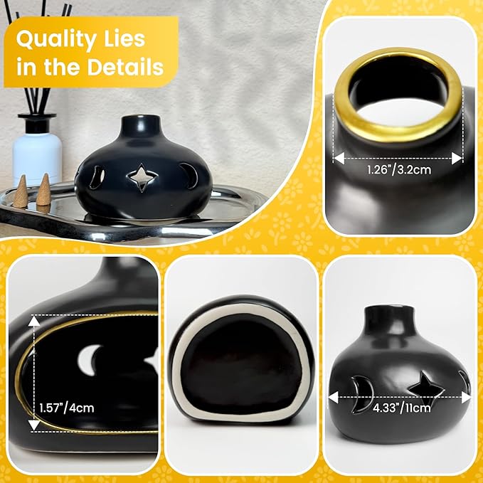 Ceramic Incense Holder Set-Handcrafted Palo Santo&Sage Cone Burner with Holes, Smudge Bowl for Meditation&Yoga-Palo Santo Holder Burner with Brush&Tweezer-Home Decor for Relaxation, Black - Bloomnest