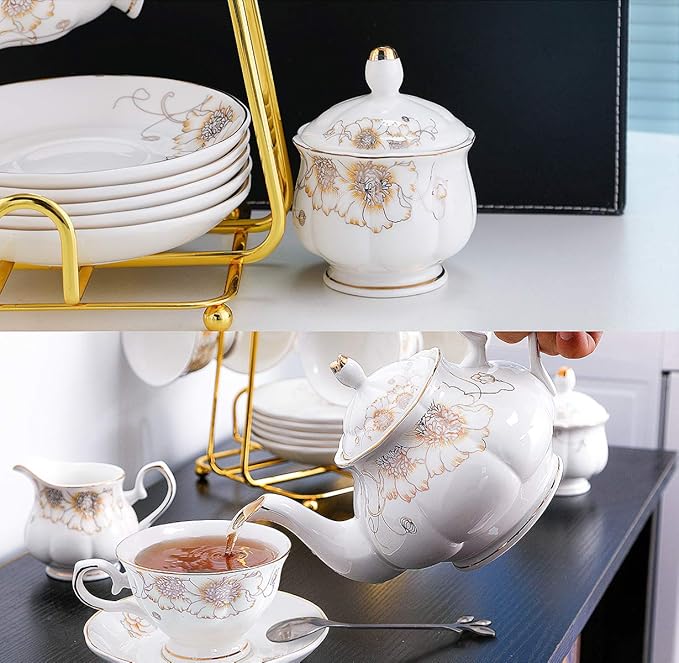 CHENP.HMC Tea Set 22-Piece Porcelain Ceramic Coffee Tea Gift Sets Cups Saucer Service for 6 Teapot Sugar Bowl Creamer Pitcher and Teaspoons (Chrysanthemum) - Bloomnest