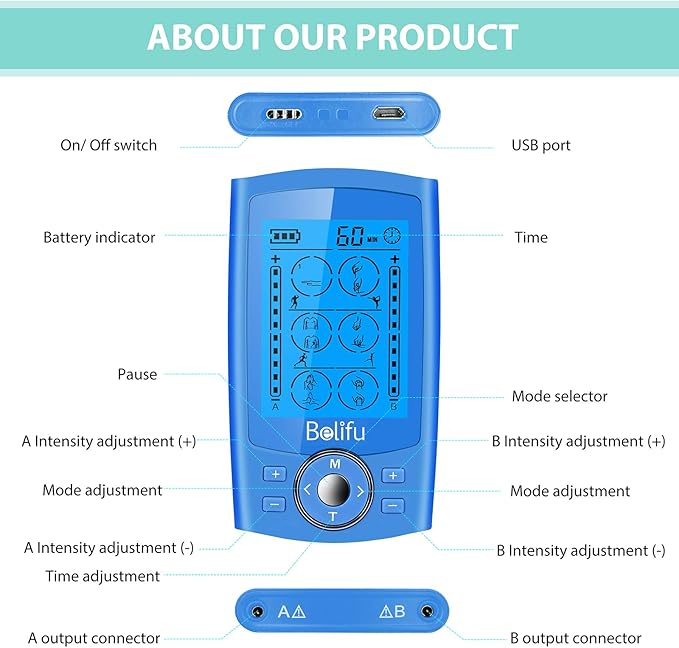 Belifu Dual Channel TENS EMS Unit 24 Modes Muscle Stimulator for Pain Relief Therapy, Electronic Pulse Massager Muscle Massager with 10 Pads, Dust-Proof Drawstring Storage Bag, Fastening Cable Ties Belifu