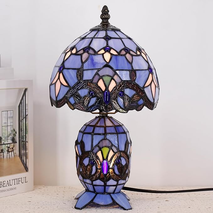 Small Tiffany Lamp Stained Glass Table Lamp Mini Mother Daughter Vase Desk Accent Light for Bedroom Bedside Reading Home Antique Style Decor 8X14 Inches (Blue Baroque) - Bloomnest
