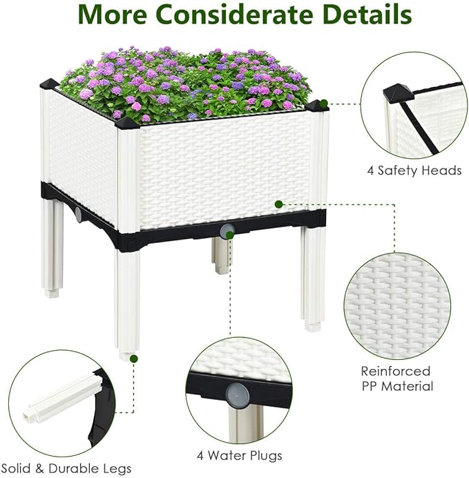 S AFSTAR Raised Garden Bed Kit Set of 4, Elevated Planter Boxes with Self-Watering Design & Removable Legs, Outdoor Plastic Planter Box for Patio Yard Balcony Gardening, Rattan Pattern (White) - Bloomnest