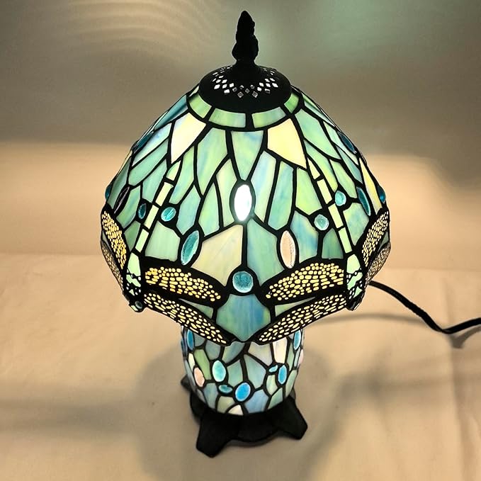 Small Tiffany Lamp Stained Glass Table Lamp Mini Mother Daughter Vase Desk Accent Light for Bedroom Bedside Reading Home Antique Style Decor 8X14 Inches (Sea Blue Dragonfly) - Bloomnest