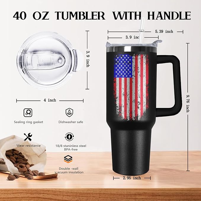 Ceovfoi American Flag Tumbler with Handle,40 oz Dad Vacuum Insulated Stainless Steel Travel Tumblers,Patriotic Military Gifts For Veterans, Police, Fathers Day, 4th of July - Bloomnest