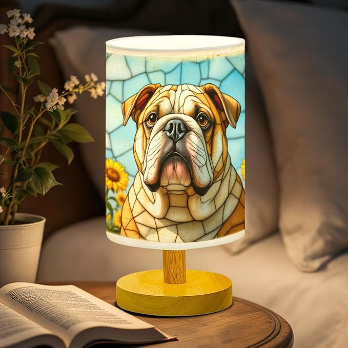 Bulldog Table Lamp LED 3-Color Pressed Bedside, Dog Shade Lamp with Wood Base for Bedroom Living Room Desk Office - Bloomnest