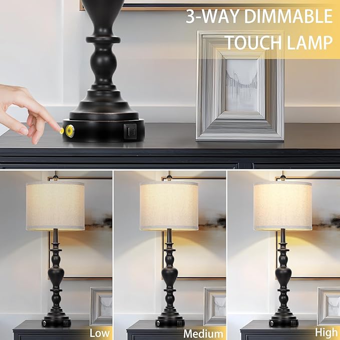 27" Vintage Table Lamps for Living Room Set of 2, Farmhouse Rustic Nightstand Lamps with USB C+A Ports, 3-Way Dimmable Bedside Lamp for Bedrooms Office Dorm, 2 LED Bulbs Included Washed Antique Black - Bloomnest