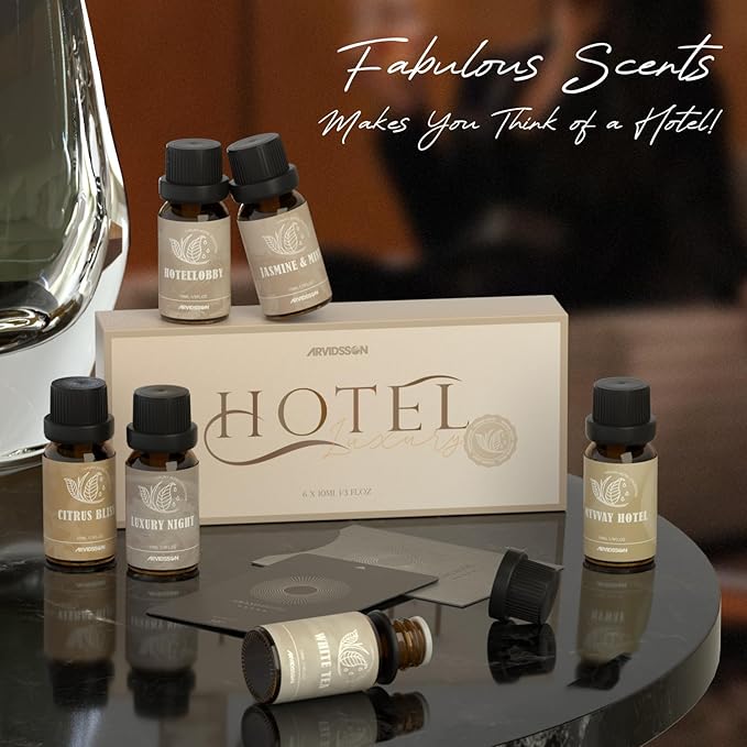 ARVIDSSON Hotel Diffuser Oils Gift Set, Hotel Scent Essential Oils for Diffuser, Luxury Fragrance Oil Blend - Jasmine & Mint, White Tea, Citrus Bliss, M-Way, Fancy Lobby, Gift for Women and Men - Bloomnest