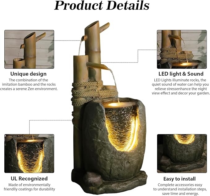 31" H 3 Tiered Bamboo & Imitation Rock Water Fountain - Natural Zen Decor with LED Lights Cascading Waterfall Design for Outside&Indoor - Suitable for Garden/Patio/Yard/Deck/Balcony （Resin） - Bloomnest