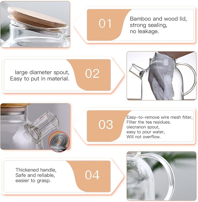 Glass Teapot 50.7oz/1500ml, Stovetop & Microwave Safe Borosilicate Tea Pot,Clear Teapot with Strainer, Glass Tea Kettle with Wooden Lid for Loose Leaf、Fruit Tea and Fragrant Tea - Bloomnest