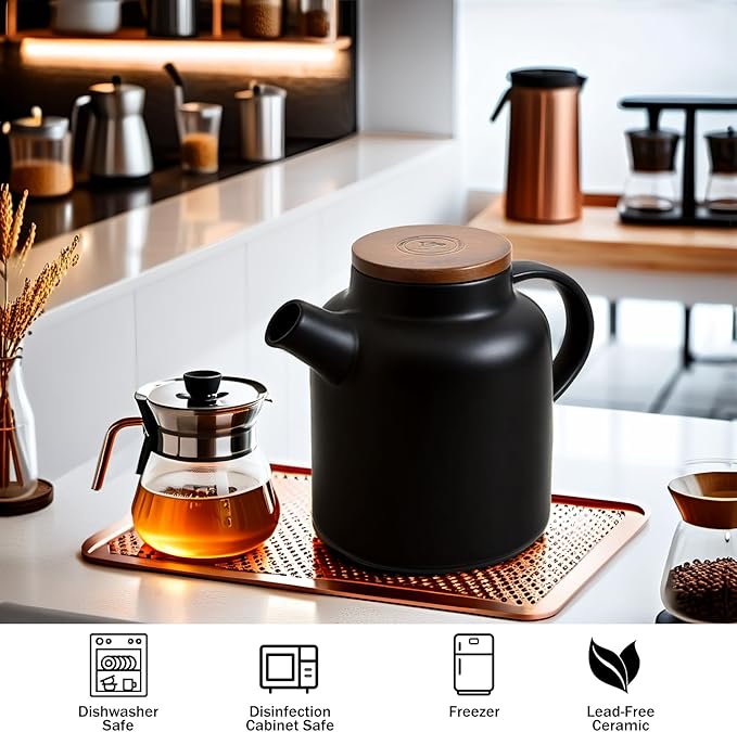 Yundu 1500ml / 50 oz Ceramic Teapot with Infuser & Wood Lid - Matte Black, Loose Leaf Tea Pot with Removable Strainer, Large Capacity - Bloomnest
