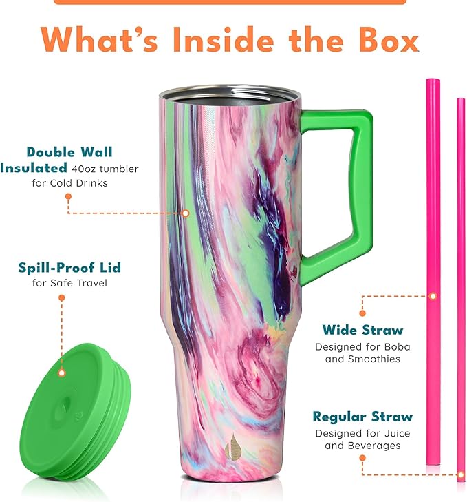Elemental 40 oz Tumbler with Handle and Straw - Spill Proof Insulated Stainless Steel Commuter for Hot and Cold Beverages - Travel Coffee Mug with 2 Straws & Spill Proof Lid - 40oz - Aurora Dream - Bloomnest
