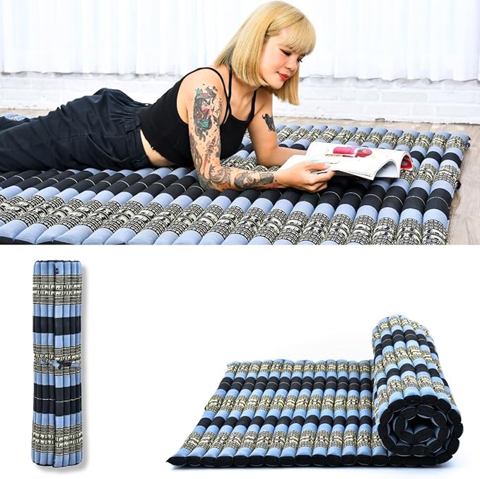 Leewadee - Foldable Floor Mattress - Japanese Roll Up Futon -Trifold Tatami Mat- Guest Floor Bed - Camping Mattress - Thai Massage Mat, Kapok Filled, 75 x 57 inches, Blue - Bloomnest