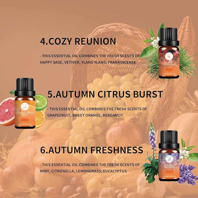 Fall Essential Oils Set - Pure Plant Extracts, Oil Diffuser Essential Oils, Essential Oils for Diffusers for Home, Includes Citrus Burst, Freshness, Cozy Reunion, Fiesta, Leaf Aroma, Aromatic WECONA-NaturalRemedies