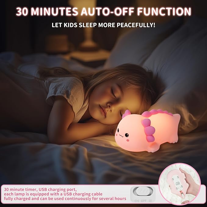 Axolotl Silicone Nursery Night Light, Dimmable LED Animal Lamp with Timer,Cute Gifts Rechargeable Bedroom Bedside Lamp with Touch Sensor Toy for Kids (Axolotl B) - Bloomnest