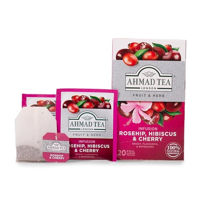 Ahmad Tea Herbal Tea, Rosehip, Hibiscus, & Cherry, 20 ct (Pack of 1) - Decaffeinated & Sugar-Free - Bloomnest
