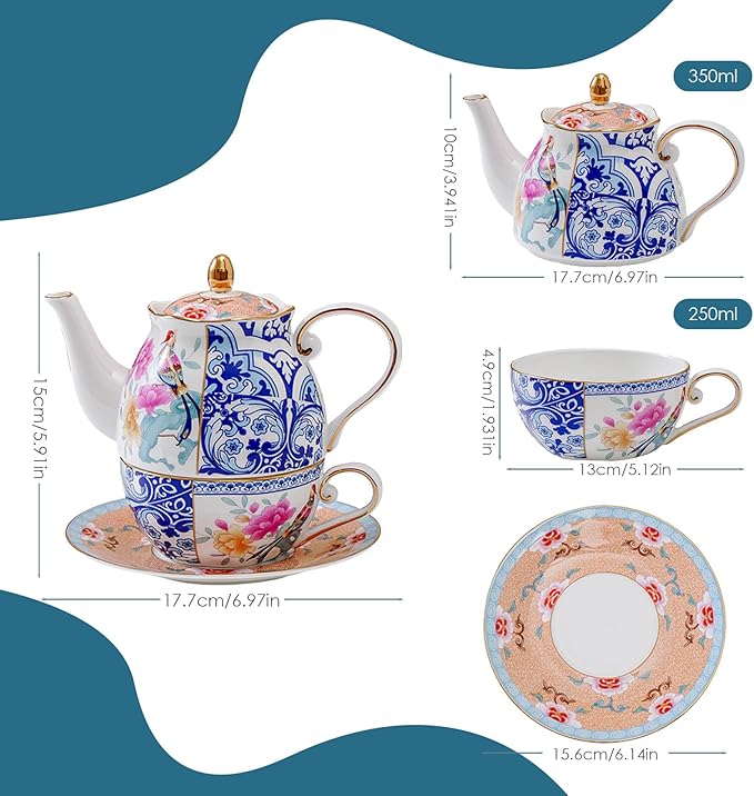 ACMLIFE Tea for One Teapot and Cup, Vintage Floral Porcelain Tea Set for One, Bone China Teapot with Cup Set, Tea Pot Gift for Women (Blue-C) - Bloomnest