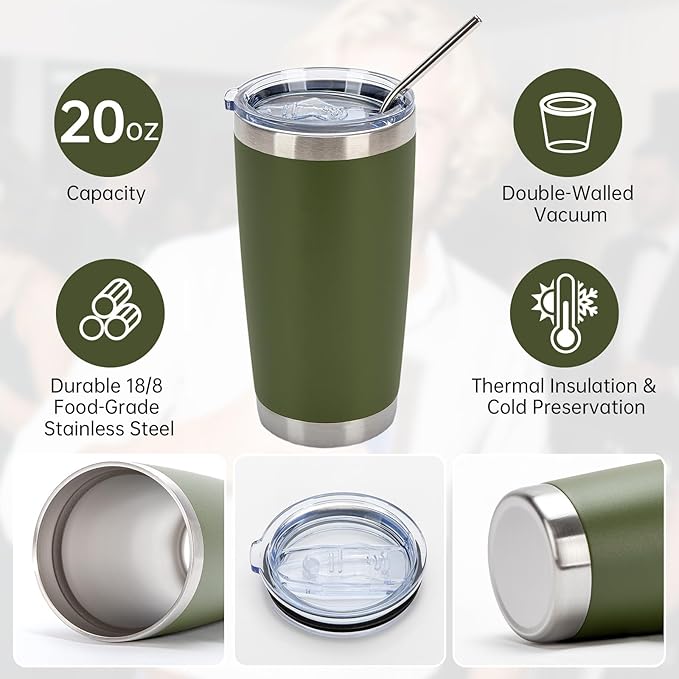 IEOVIEE 32 Pack, 20oz Stainless Steel Bulk Tumblers with Lids and Straws, Double Wall Insulated Travel Mug, Durable Powder Coated Tumbler Bulk Cup for Cold and Hot Drinks(Army Green) - Bloomnest