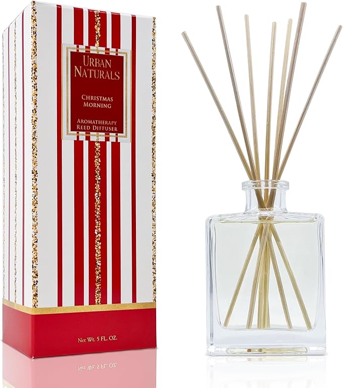 Urban Naturals Christmas Morning Reed Diffuser Set – Aromatic Rosemary, Eucalyptus, Balsam Spruce, Orange, Cedar & Amber – Sleek Rectangular Refillable Glass Bottle – Made in The USA UrbanNaturals