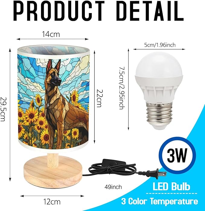Belgian Malinois Table Lamp LED 3-Color Pressed Bedside, Dog Shade Lamp with Wood Base for Bedroom Living Room Desk Office - Bloomnest