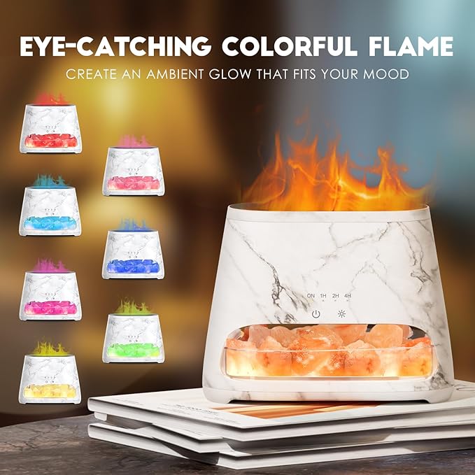 SALKING Colorful Flame Fire Diffuser Humidifier, Himalayan Salt Lamp, 7 Colors Changing Oil Diffuser, Ultra-Quiet Essential Oils Aromatherapy Diffusers for Large Room, Bedroom,150ml (Marble)