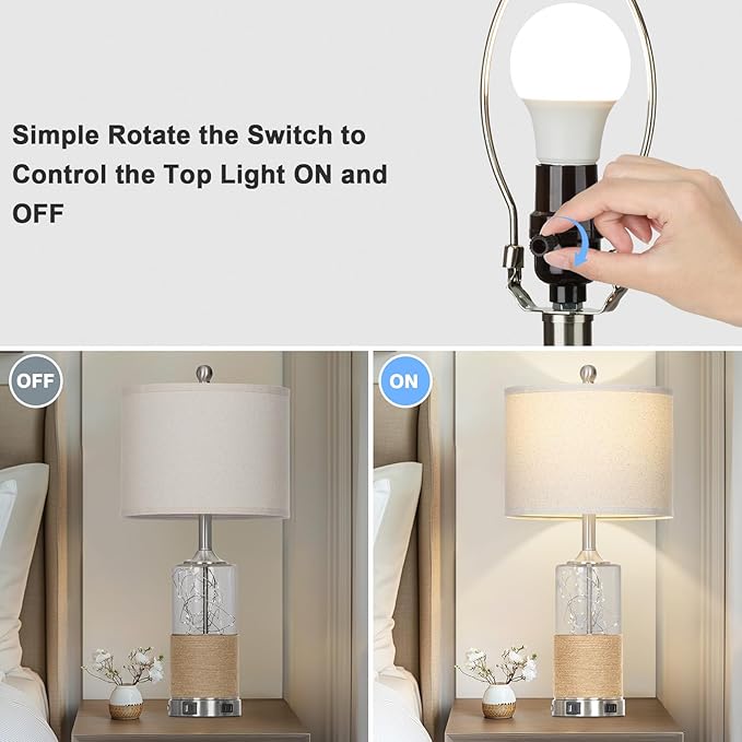 25" Boho Table Lamps Set of 2, Coastal Glass Bedside Lamps with USB A+C Ports and AC Outlet, Rattan Lamp with Night Light for Nightstand Living Room Bedroom, 2 LED Bulbs Included, Silver - Bloomnest
