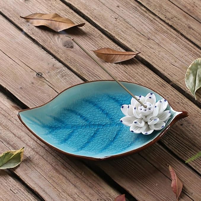 Incense Holder for Sticks, Ceramic Incense Ash Catcher Tray, Leaf-Shape Tray and Lotus Sticks Holder (Sky Blue) - Bloomnest