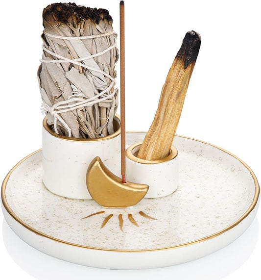 ZenBless Multifunction Incense and Candle Holder for Burning Sage, Palo Santo, Incense Sticks - 5.9" Ceramic Ash Catcher Tray for Meditation Room Home Decor Spritual Gifts (Gold)