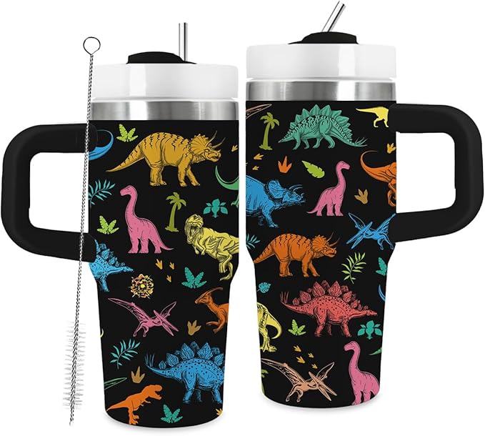 14oz Dinosaur Tumbler with Handle and Straw, Stainless Steel Vacuum Insulated Tumblers, Fathers Day Birthday Gifts for Boys, Dinosaur Lover Gifts for Son, Men - Bloomnest