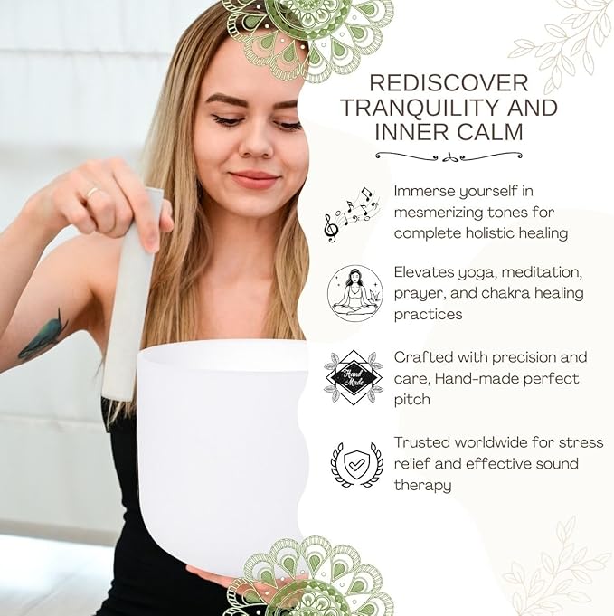 White 8 inch B Note Crown Chakra Quartz Crystal Singing Bowl, for Healing Mindfulness Meditation Yoga Sound Baths, with Case Rubber Mallet - Bloomnest