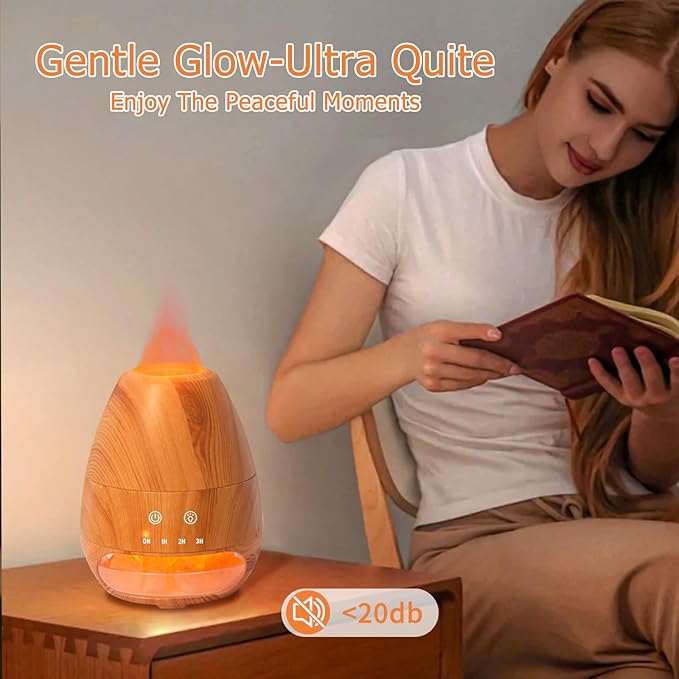 Ultrasonic Essential Oil Diffuser with Himalayan Salt Rock,Flame Diffuser with 2 Color Light,Small Aromatherapy Oil Diffuser with Auto Off Function for Home, Office,Spa,100ML,Wooden Grain - Bloomnest