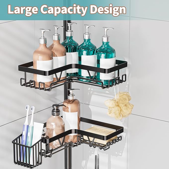 KEGII Shower Caddy Corner Tension Pole with Toothbrush Holder - Adjustable Corner Shower Organizer with Tooth Brush Holder, No Drilling Rustproof Bathroom Shelf Storage Rack, Fits 25-114.2 Inch - Bloomnest