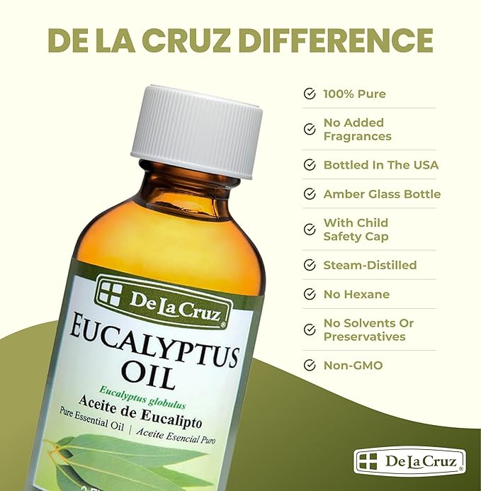De La Cruz Eucalyptus Essential Oil, 100% Pure Steam Distilled Eucalyptus Globulus, Eucalyptus Oil, Eucalyptus Essential Oil for Diffuser, 2 FL OZ, Aromatherapy, Tree Oil (1 Bottle) DeLaCruz