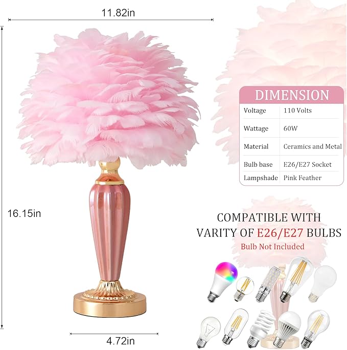 Pink Feather Lamp Creative Bedside Lamp Feather Table Lamp Cute Furry Goose Nightstand Light for Girl Bedroom Wedding Decor Living Room Hotel Office Valentines Dating Gift - Bloomnest