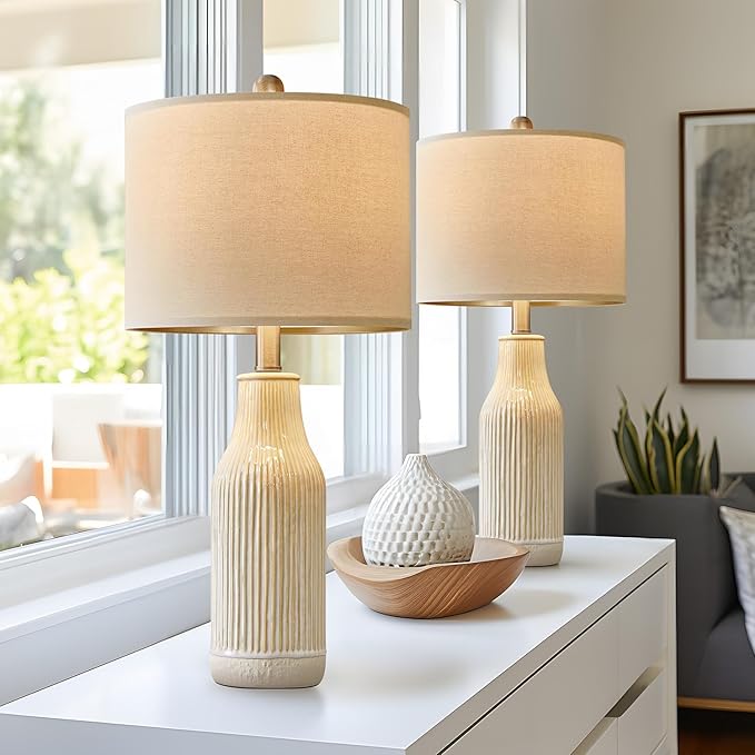 23.75 inches Modern Ceramic Table Lamp Set of 2 for Living Room, Farmhouse Bedside Nightstand Lamp for Bedroom Home Office Dorm - Bloomnest