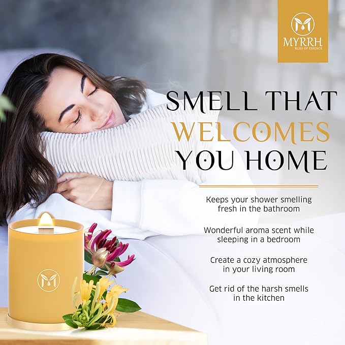 MyrrhUSA Honeysuckle Scented Candle – 15 oz Natural Soy Wax with Crackling Wooden Wick & Essential Oils | 80 Hour Burn | Luxury Aromatherapy Candle for Relaxation, Home Décor, Living Room & Bathroom - Bloomnest